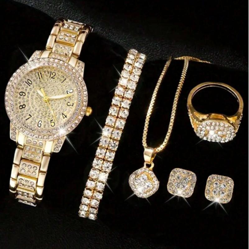 6pcs set Fashionable Women's Quartz  Set Full Crystal Digit Bracelet Wristwatch (+1pc Wristwatch And 5pc Accessories)