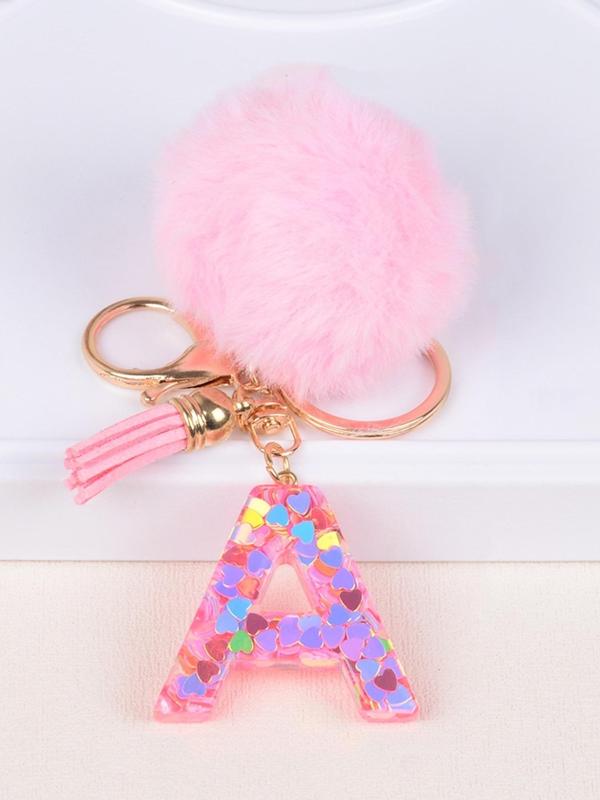 Glitter Letter Decor Keychain, Cute Soft Pom Pom Resin Key Chain Ring, Bag Backpack Charm, Car Hanging Pendant, Women Daily Use Gift