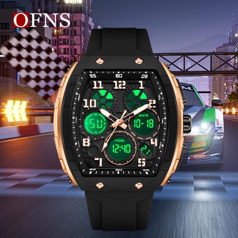 OFNS Men'S Fashionable Electronic Watch, Double Display, Bucket Shape, TPU Strap, 5ATM, Alarm Clock, Nightlight, Sports, Multi-Functional