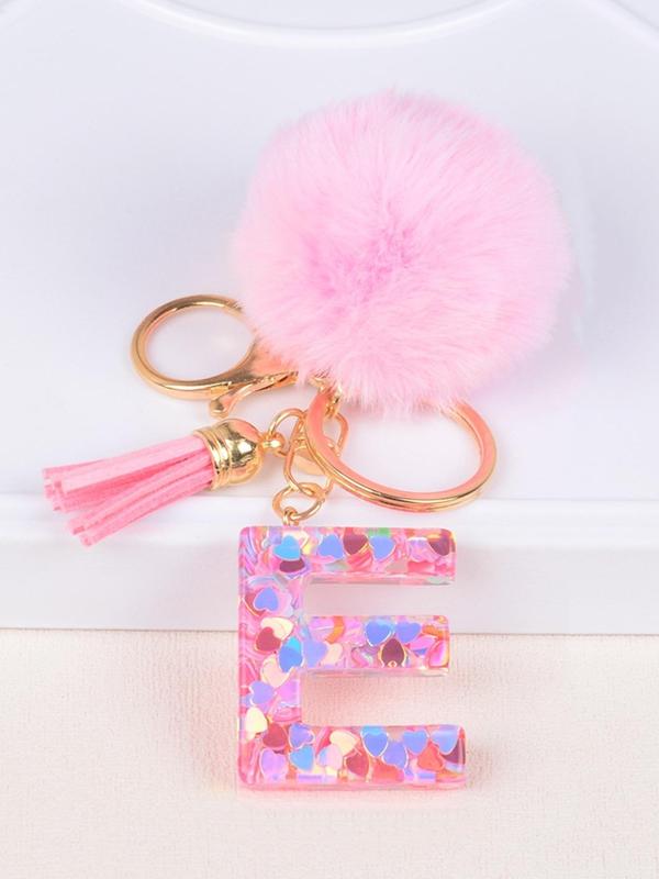 Glitter Letter Decor Keychain, Cute Soft Pom Pom Resin Key Chain Ring, Bag Backpack Charm, Car Hanging Pendant, Women Daily Use Gift