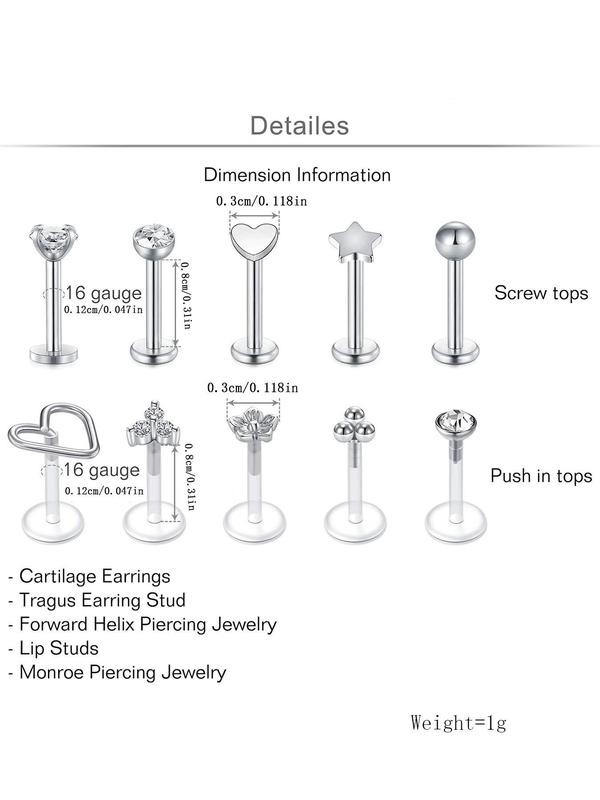 10pcs Simple Stainless Steel Lip Piercing, Casual Rhinestones Decor Lip Ring, Heart & Star Design Lip Stud, Lip Ring Nose Ring, Body Jewelry for Women & Men