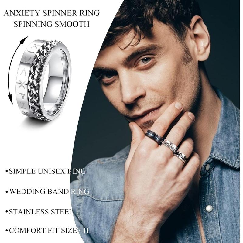 FLORIDECO 16Pcs Stainless Steel Band Rings for Men Women Fidget Rings for Anxiety Cool Spinner Chain Rings Wedding Promise Band Rings Men Cuban Link Chain Fashion Rings Pack Size 7-13 Daily