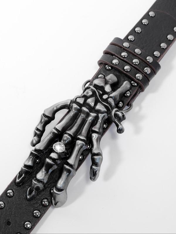 Unisex Skeleton Hand Design Rivet Decor Belt for Summer Use, Designer Belt, Punk Style PU Buckle Belt for Summer Vacation Holiday Party Gift, Fashion Accessories for Men & Women