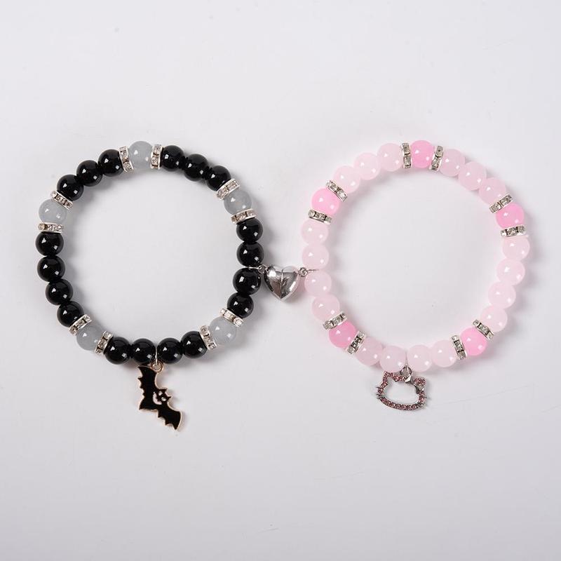 Bat Kitty Matching Bracelets Heart Charm Stretch Beaded Bracelets Friendship Bracelet for Couple Friendship Lover Jewelry Gift