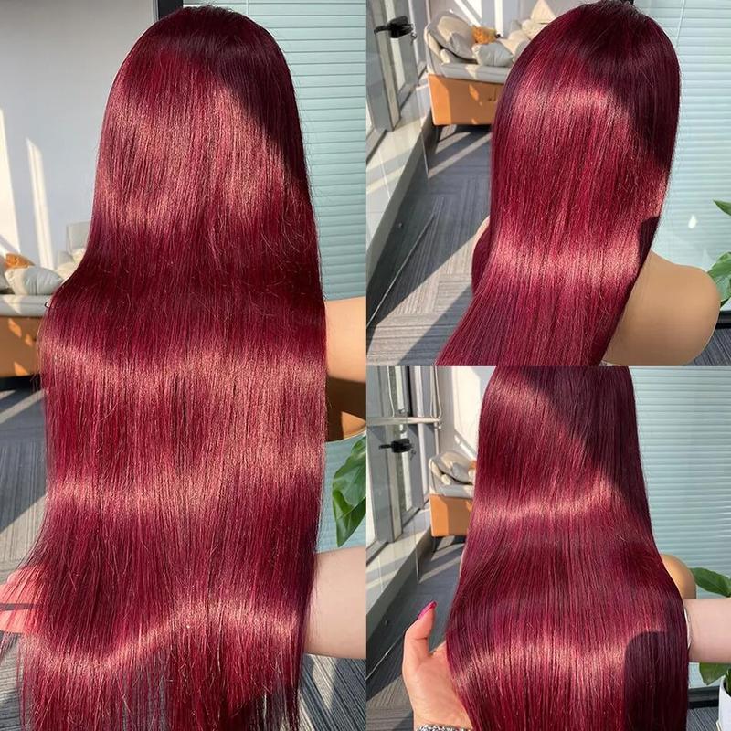 13x4 13x6 HD Lace Front Wig Human Hair Wigs 99J Red Burgundy Colored HD Transparent Pre Plucked Lace Frontal Human Hair Wigs Straight Buy 1  99J Wig Get 1 Pink Bag 1 HD Wig Cap 1 Brown Wig Cap and 1 Eyelashes