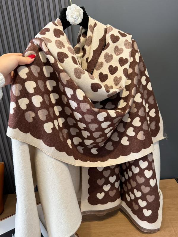 Women's Cute Heart Pattern Tassel Decor Scarf, Soft Warm Thickened Double Sided Shawl, Fashionable Scarf for Fall & Winter