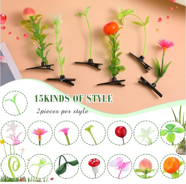 30 Pcs Bean Sprout Hair Clips Mixed Style Plant Hairpins Flower Plant Hair Clip Little Grass Barrette Butterfly Headwear Hair Accessories for Women Girl School Home Party Christmas (Plant Style)