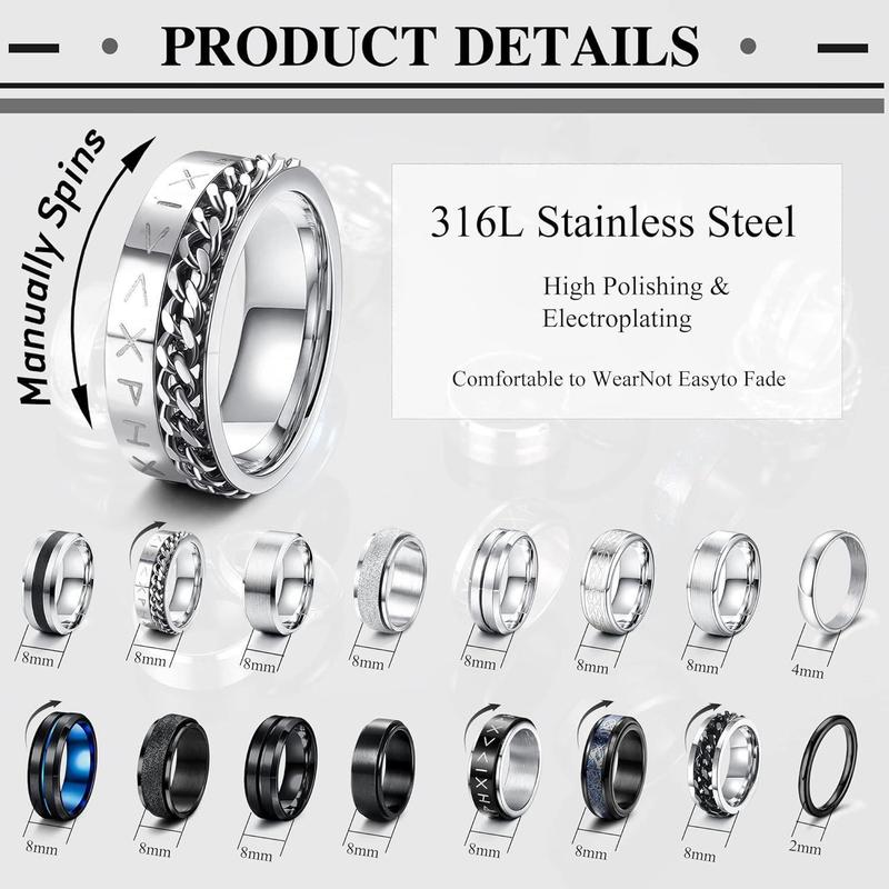 FLORIDECO 16Pcs Stainless Steel Band Rings for Men Women Fidget Rings for Anxiety Cool Spinner Chain Rings Wedding Promise Band Rings Men Cuban Link Chain Fashion Rings Pack Size 7-13 Daily