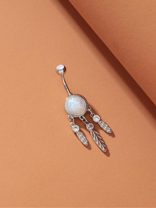 Rhinestone Decorated Leaf Long Pendant Belly Button Ring, Women Belly Piercing Body Jewelry, for Crop Top Decor