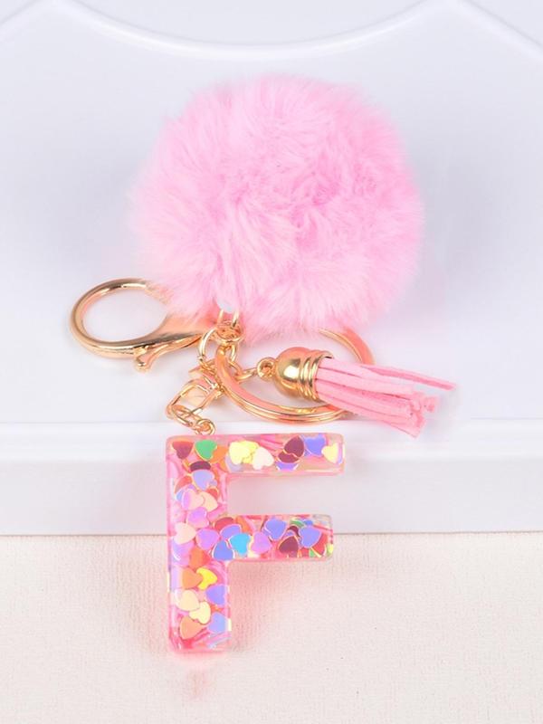 Glitter Letter Decor Keychain, Cute Soft Pom Pom Resin Key Chain Ring, Bag Backpack Charm, Car Hanging Pendant, Women Daily Use Gift