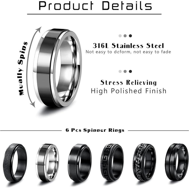 FLORIDECO 6 Pcs Stainless Steel Mens Rings Twisted Chain Rings Spinner Rings 8MM Black Cool Celtic Vintage Rings Wedding Promise Black Band Ring Set for Men Size N1 2-Z1 2 Daily