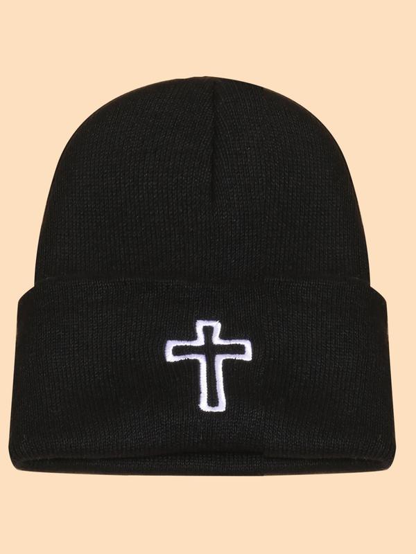 Contrast Binding Cross Embroidery Beanie Hat, Simple Cozy Warm Knit Beanie, Casual Cuffed Hat for Women & Men, Fashion Trendy Warm Hat, 2024 Y2k Beanies