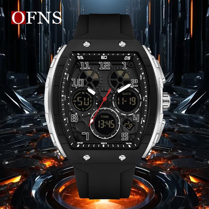 OFNS Men'S Fashionable Electronic Watch, Double Display, Bucket Shape, TPU Strap, 5ATM, Alarm Clock, Nightlight, Sports, Multi-Functional