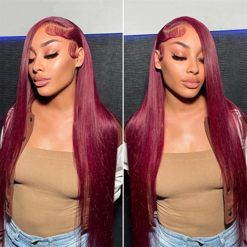 13x4 13x6 HD Lace Front Wig Human Hair Wigs 99J Red Burgundy Colored HD Transparent Pre Plucked Lace Frontal Human Hair Wigs Straight Buy 1  99J Wig Get 1 Pink Bag 1 HD Wig Cap 1 Brown Wig Cap and 1 Eyelashes