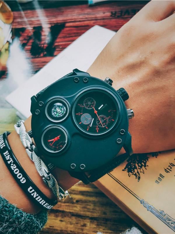 Men's Punk Style Large Dial Quartz Watch, Fashion Round Dial Compass Design Watch for Party, Daily Decor, Trendy All-match & Exquisite Watch for Birthday Gift with Box