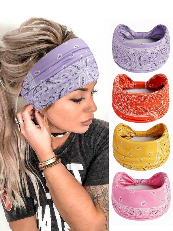 Paisley Print Sports Hair Band, Breathable Wide-brimmed Hair Band for Yoga Gym Workout Tennis Pickleball, 4 Counts Summer Back To School Sweat Absorbing Hair Band for Women & Girls, Fall Outfits, Fallfreshness