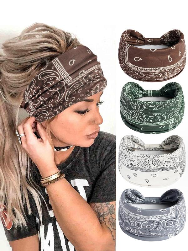 Paisley Print Sports Hair Band, Breathable Wide-brimmed Hair Band for Yoga Gym Workout Tennis Pickleball, 4 Counts Summer Back To School Sweat Absorbing Hair Band for Women & Girls, Fall Outfits, Fallfreshness