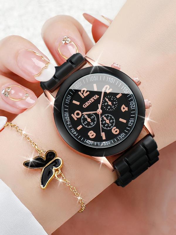 6pcs set Women's Elegant Round Dial Quartz Watch & Jewelry Set, Trendy Gorgeous Wristwatch & Butterfly Ring & Stud Earrings & Pendant Necklace & Bracelet, Fashionable Watch Set As Gift Without Box