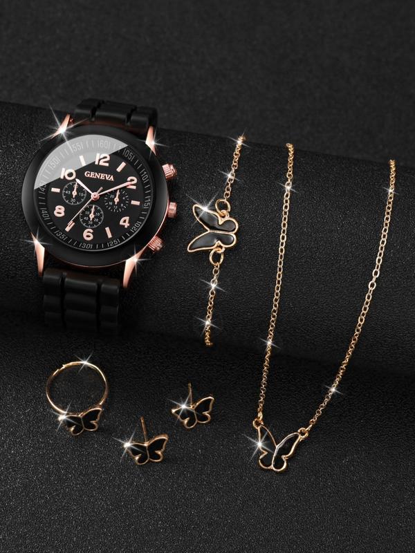 6pcs set Women's Elegant Round Dial Quartz Watch & Jewelry Set, Trendy Gorgeous Wristwatch & Butterfly Ring & Stud Earrings & Pendant Necklace & Bracelet, Fashionable Watch Set As Gift Without Box