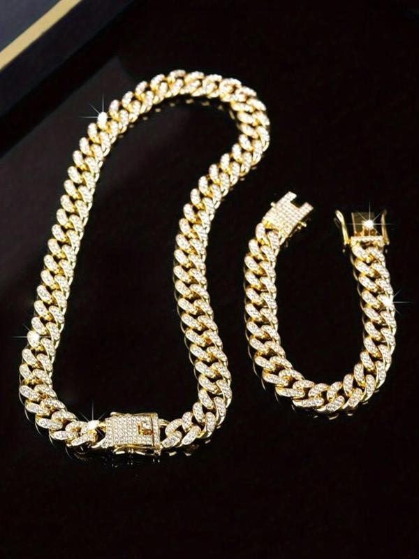 Unisex Hip Hop Style Jewelry Set, Trendy Cuban Chain Design Paved Shining Rhinestone Necklace & Bracelet, Fashionable Jewelry for Party Decor