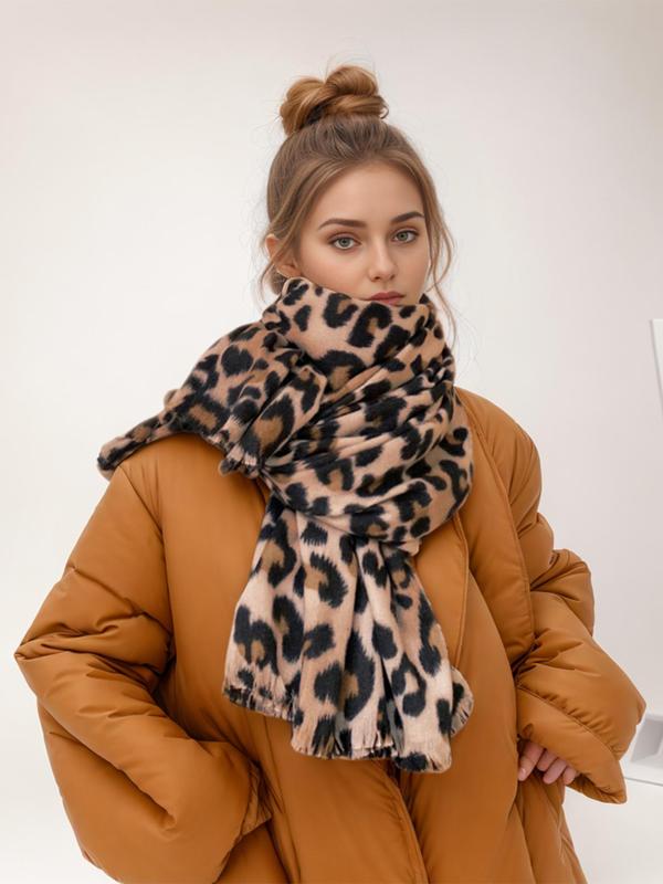 Women's Leopard Print Tassel Design Scarf, Boho Style Warm Soft Shawl for Fall & Winter, Fashion Accessories for Women & Girls