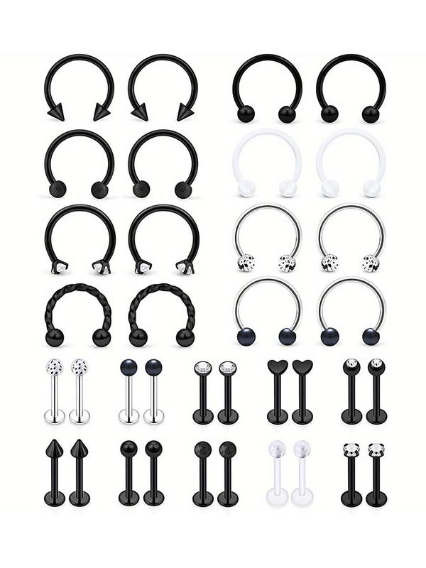 U-shaped Nose Ring & Double Ball Lip Nail As Gift for Couple, 36pcs Stainless Steel Nose Rings, Lip Rings, Earrings, Body Piercing Jewelry for Men & Women