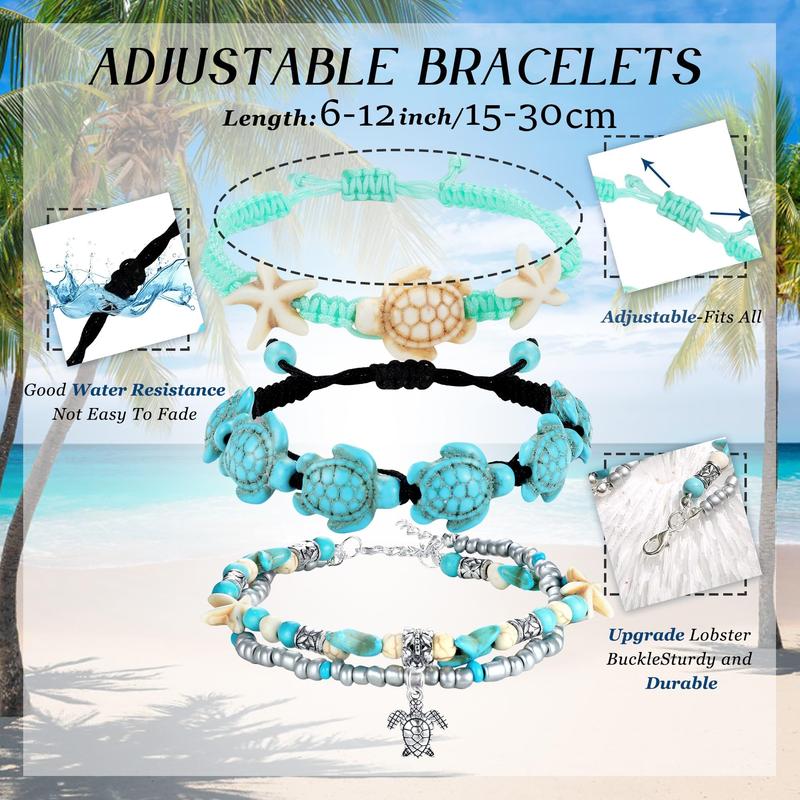 FASACCO 10 Count Turtle Ankle Bracelets for Women Waterproof Handmade Starfish Sea Turtle Bracelet Adjustable Boho Summer Beach Bracelets for Women Men Bahamas Souvenirs