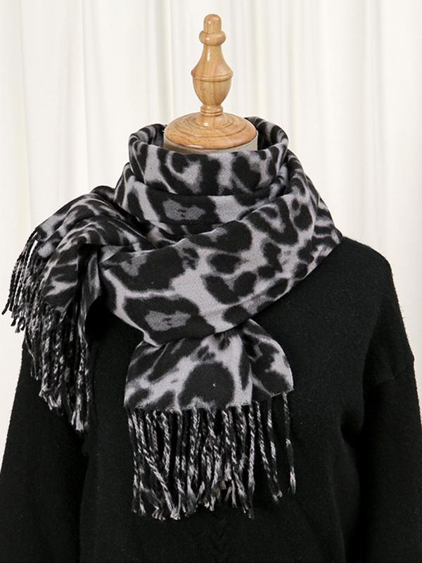 Women's Leopard Print Tassel Design Scarf, Boho Style Warm Soft Shawl for Fall & Winter, Fashion Accessories for Women & Girls