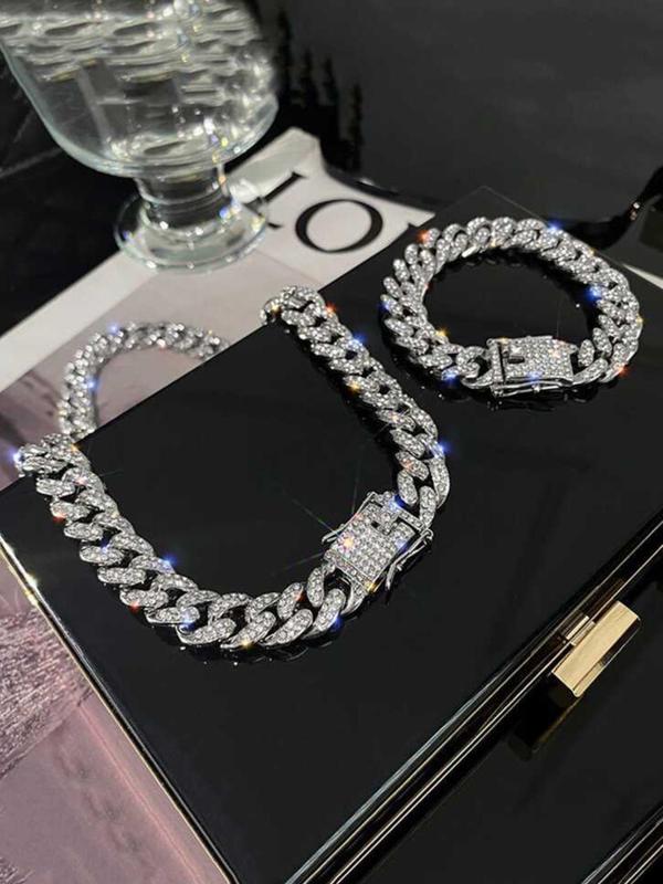 Unisex Hip Hop Style Jewelry Set, Trendy Cuban Chain Design Paved Shining Rhinestone Necklace & Bracelet, Fashionable Jewelry for Party Decor