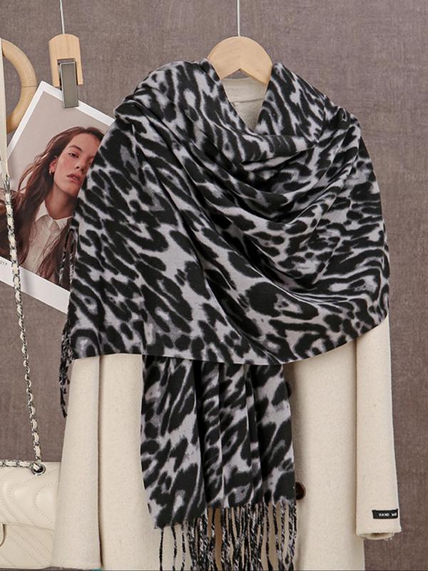 Women's Leopard Print Tassel Design Scarf, Boho Style Warm Soft Shawl for Fall & Winter, Fashion Accessories for Women & Girls