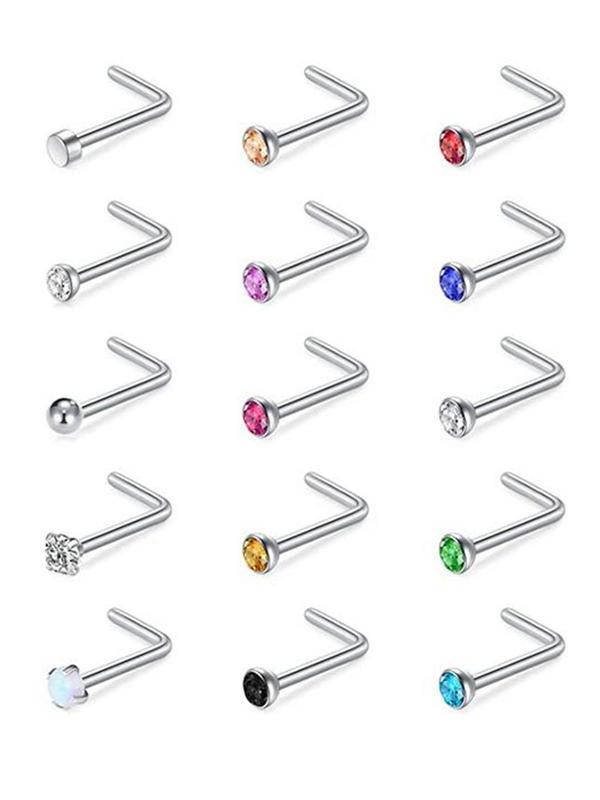  Simple Stainless Steel Nose Studs, 15pcs Nose Piercing Jewelry for Men & Women for Party, Daily Clothing Decor, Trendy All-match & Exquisite Jewelry for Birthday Gift