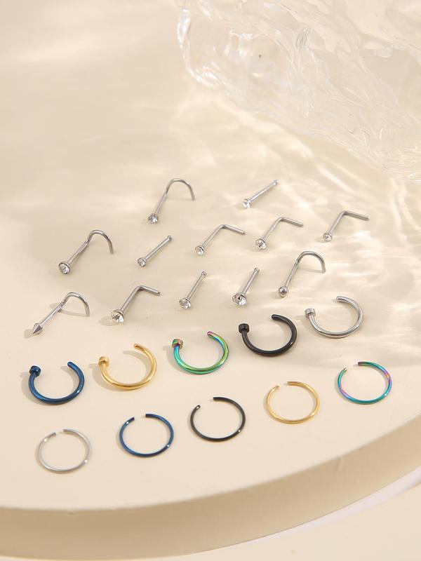 Unisex Stainless Steel Nose Rings, Punk Style Nose Rings & Nail Art, 22pcs set Body Piercing Matching Jewelry For Women & Men, Fashion Accessory For Cool Girl & Boy