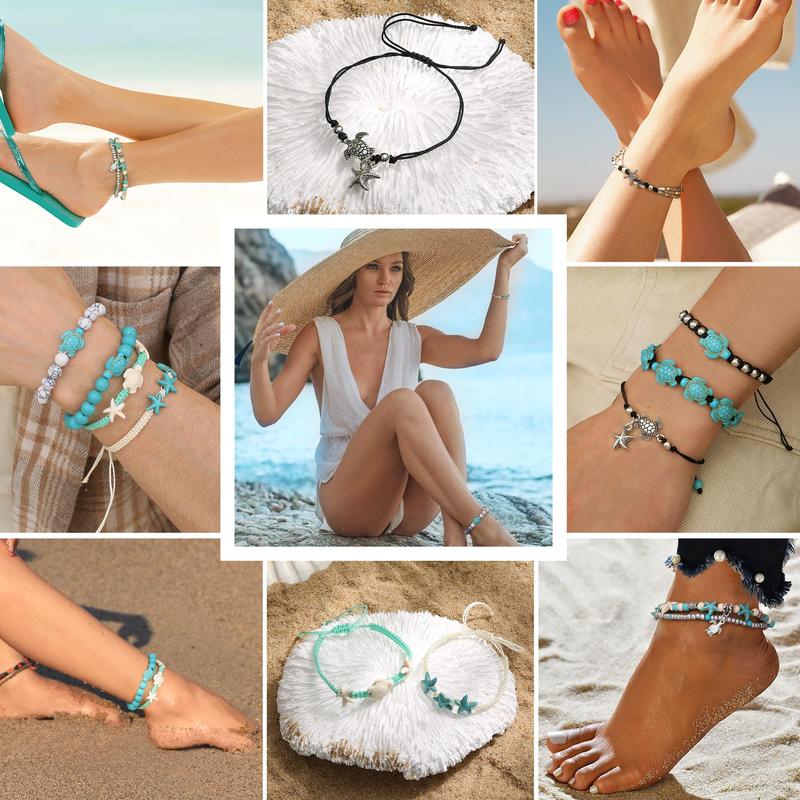 FASACCO 10 Count Turtle Ankle Bracelets for Women Waterproof Handmade Starfish Sea Turtle Bracelet Adjustable Boho Summer Beach Bracelets for Women Men Bahamas Souvenirs