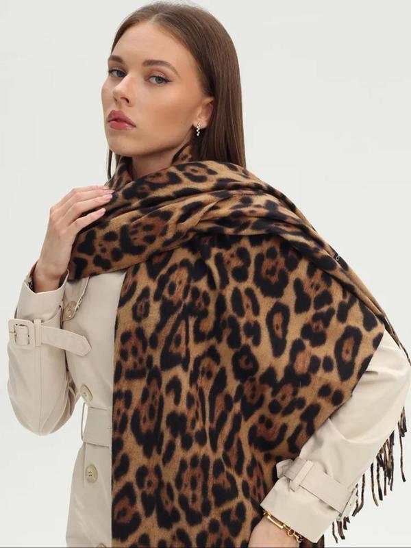 Women's Leopard Print Tassel Design Scarf, Boho Style Warm Soft Shawl for Fall & Winter, Fashion Accessories for Women & Girls