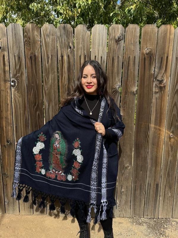 Mexican Embroidered Shawl. Virgin Mary Embroidered Shawl. Mexican Traditional Shawl. Mexican Blanket Wrap. Throw blanket. Mexican blanket.