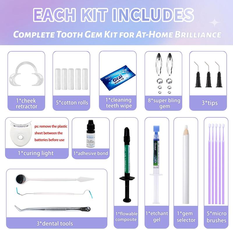 Tooth Gem Kit Professional- Include Adhesive, Cure Light, Super Bling Crystal, DIY Dental Jewelry Set, Home Teeth Gem Kit, Safe & Easy Application - Long Lasting Sparkle(fang kit)