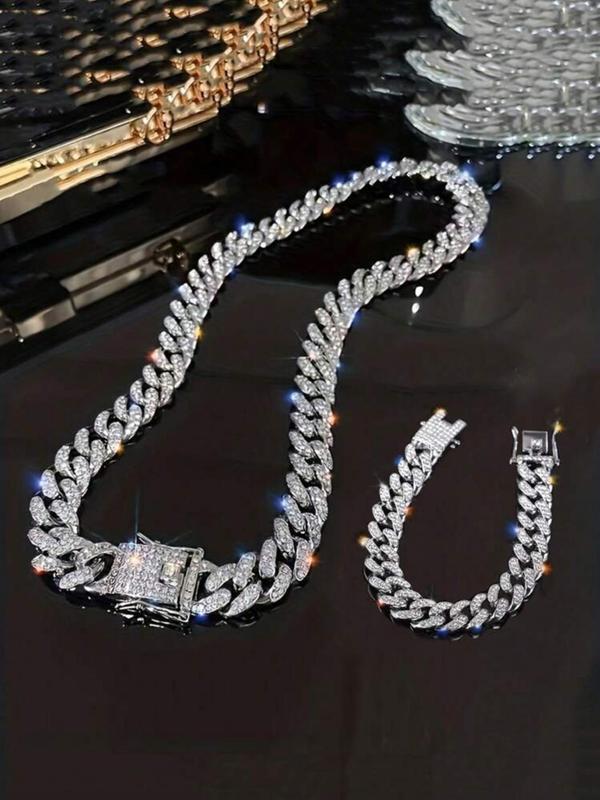 Unisex Hip Hop Style Jewelry Set, Trendy Cuban Chain Design Paved Shining Rhinestone Necklace & Bracelet, Fashionable Jewelry for Party Decor