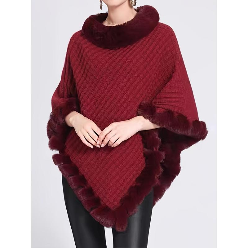 Solid Waffle Grid Fuzzy Trim Poncho, Elegant Thermal Hanky Hem Crew Neck Cape For Fall & Winter, Women's Clothing