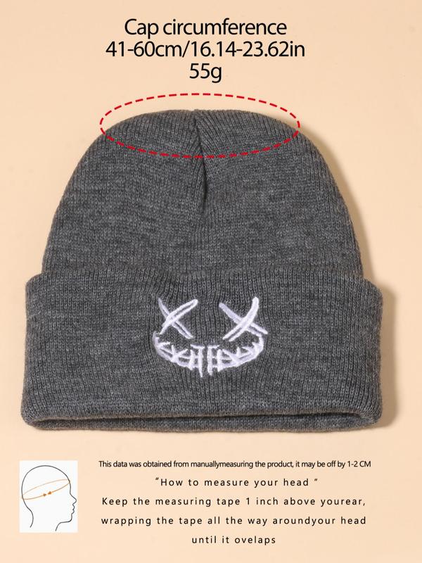 Smile Face Embroidery Knitting Beanie Hat For Men & Women, Trendy Casual Top Tier Beanie Hat, Warm Hat for Fall & Winter, Pull On Closure Cap For Outdoor Sports