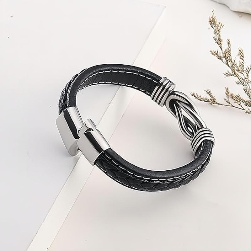 Saluvu Braided Leather Bracelet For Men, Forever Linked Together Stainless Braided Leather Knot Cuff Bracelet, Birthday Gift for Son Grandson Husband