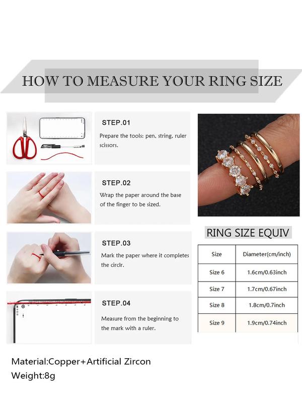 Women's Elegant Rhinestone Decorated Ring (5counts set), Exquisite Trendy Copper Ring, Fashionable Jewelry for Women for Daily & Party Decoration