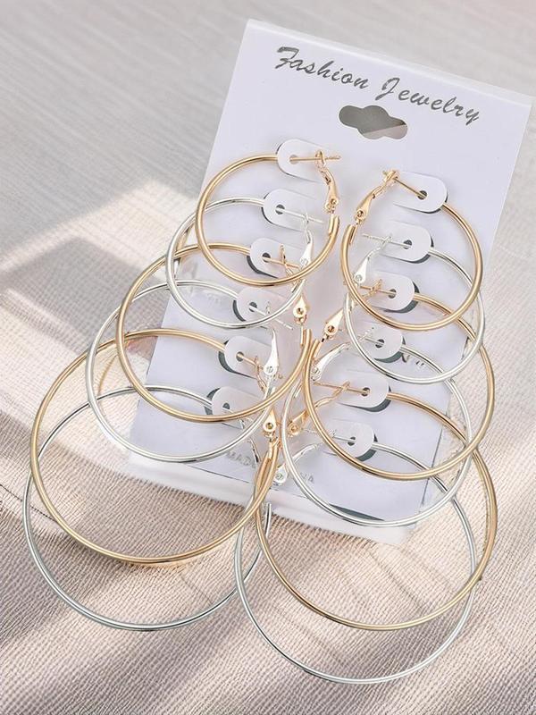 6 Pairs Mixed Size Simple Plain Round Design Hoop Earrings, Elegant All-match Jewelry for Girls Gift, Casual Versatile Party Accessories for Women