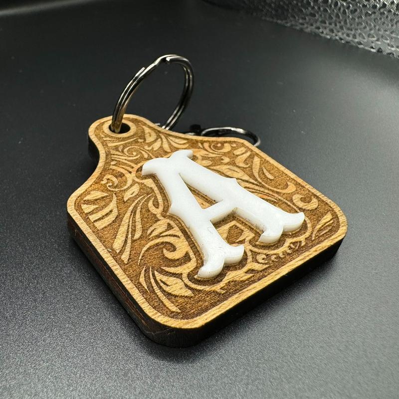 Cow tag Initial Wood and Acrylic Keychains!