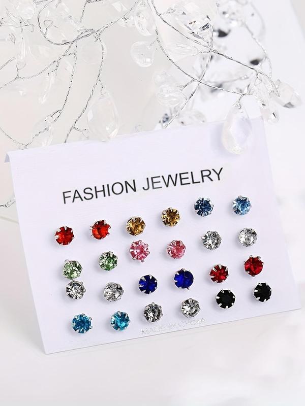 12 Pairs Women's Elegant Trendy Mixed Color Rhinestones Decorated Earrings, Simple Style Glittering Exquisite Ear Studs, Casual Earrings For Party & Daily