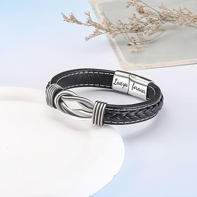 Saluvu Braided Leather Bracelet For Men, Forever Linked Together Stainless Braided Leather Knot Cuff Bracelet, Birthday Gift for Son Grandson Husband