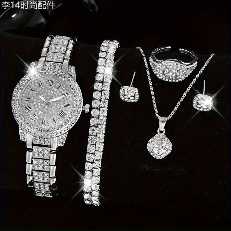 7pcs set Glamorous Luxury Rhinestone Womens Quartz Watch & Jewelry Set - Hiphop Stylish Analog Wristwatch with Sparkling Crystals, Perfect Gift for Mom and Her Special Occasions