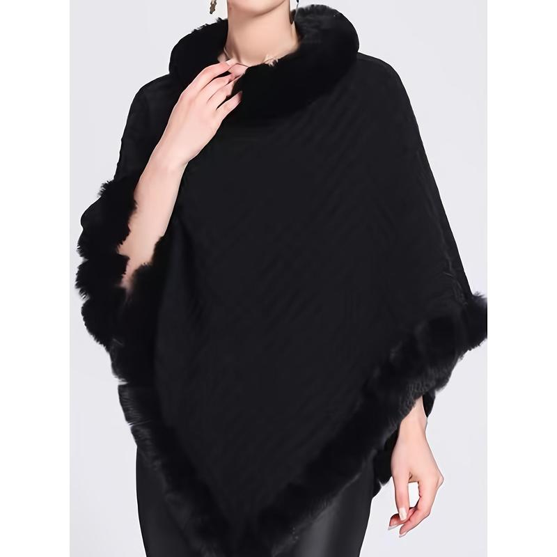 Solid Waffle Grid Fuzzy Trim Poncho, Elegant Thermal Hanky Hem Crew Neck Cape For Fall & Winter, Women's Clothing