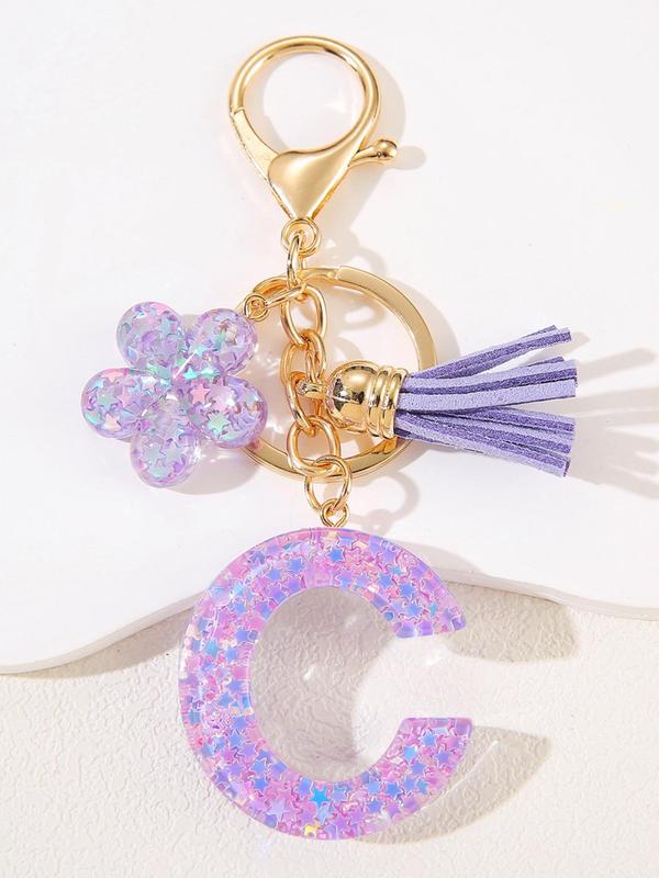 Cute Letter & Flower Design Keychain, Fashionable Tassel Decor Keychain for Women & Girls, Trendy All-match Keychain for Birthday Gift