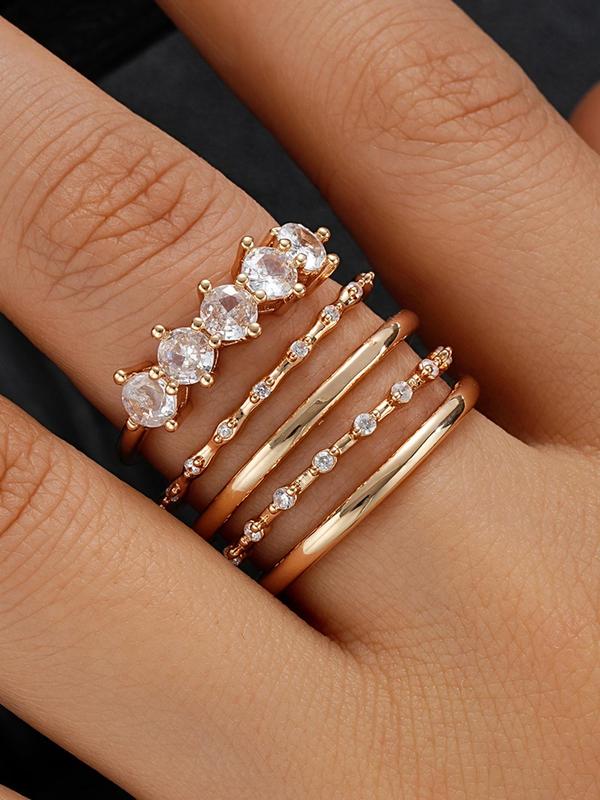 Women's Elegant Rhinestone Decorated Ring (5counts set), Exquisite Trendy Copper Ring, Fashionable Jewelry for Women for Daily & Party Decoration