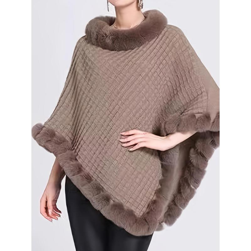 Solid Waffle Grid Fuzzy Trim Poncho, Elegant Thermal Hanky Hem Crew Neck Cape For Fall & Winter, Women's Clothing